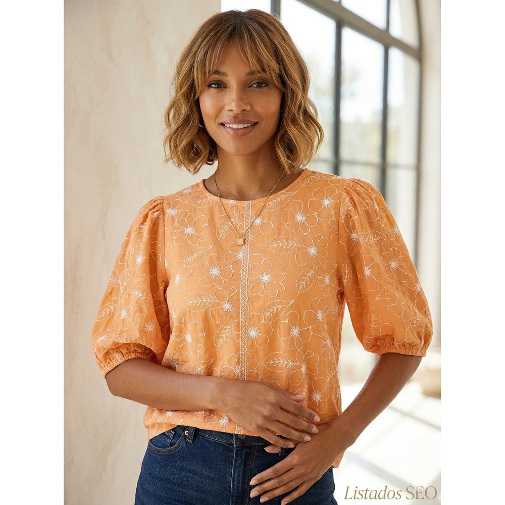 LOFT Women  XL Orange Floral Embroidered Puff Sleeve Blouse Eyelet Boho Spring